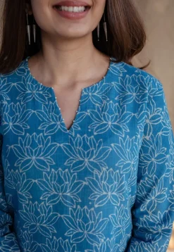 Kaya Blue Kali Dabu Slub Cotton Kurta with Hand Embroidery