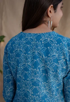 Kaya Blue Kali Dabu Slub Cotton Kurta with Hand Embroidery