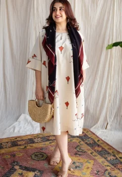 Kayra Off White Ajrakh Cotton Anti-Fit Dress with Hand Embroidery