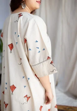 Kayra Off White Ajrakh Cotton Anti-Fit Dress with Hand Embroidery
