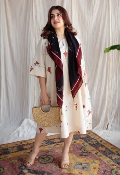 Kayra Off White Ajrakh Cotton Anti-Fit Dress with Hand Embroidery
