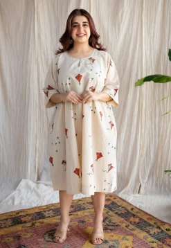 Kayra Off White Ajrakh Cotton Anti-Fit Dress with Hand Embroidery