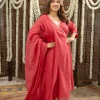 Ketika Crimson Angrakha Chanderi Silk Gota Patti Kurta Set (Set of 3)
