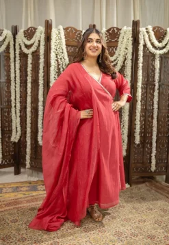 Ketika Crimson Angrakha Chanderi Silk Gota Patti Kurta Set (Set of 3)