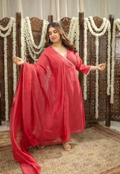 Ketika Crimson Angrakha Chanderi Silk Gota Patti Kurta Set (Set of 3)