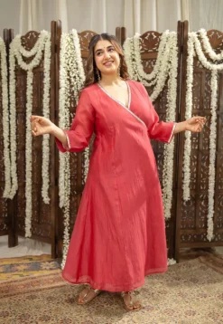 Ketika Crimson Angrakha Chanderi Silk Gota Patti Kurta Set (Set of 3)