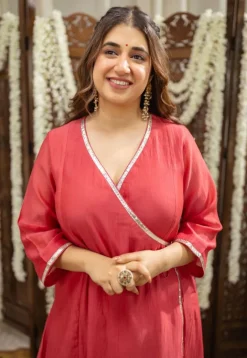 Ketika Crimson Angrakha Chanderi Silk Gota Patti Kurta Set (Set of 3)