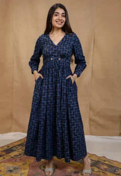 Kimaya Indigo Ajrakh Cotton A Line Dress