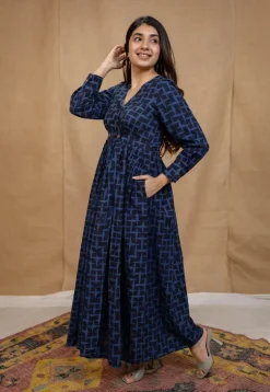 Kimaya Indigo Ajrakh Cotton A Line Dress