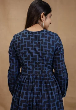 Kimaya Indigo Ajrakh Cotton A Line Dress