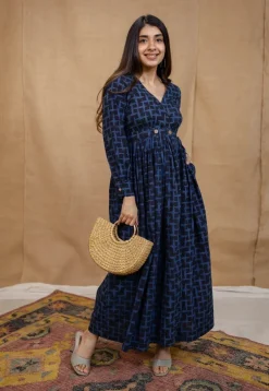 Kimaya Indigo Ajrakh Cotton A Line Dress