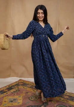 Kimaya Indigo Ajrakh Cotton A Line Dress