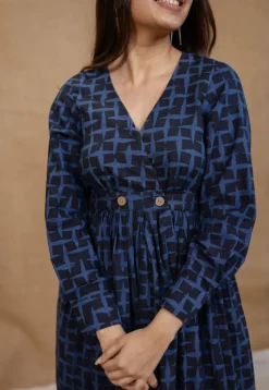 Kimaya Indigo Ajrakh Cotton A Line Dress
