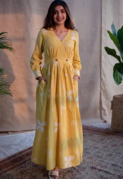 Kimaya Yellow A Line Dabu Slub Cotton Dress
