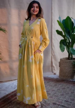 Kimaya Yellow A Line Dabu Slub Cotton Dress
