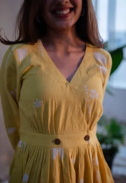Kimaya Yellow A Line Dabu Slub Cotton Dress
