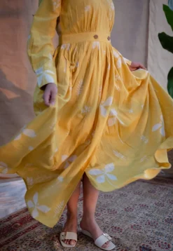 Kimaya Yellow A Line Dabu Slub Cotton Dress