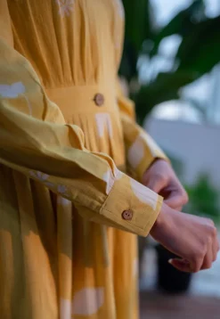 Kimaya Yellow A Line Dabu Slub Cotton Dress