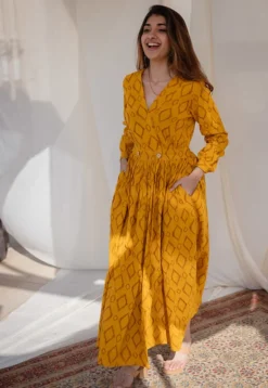 Kimaya Yellow Wrap Around Slub Cotton Dress