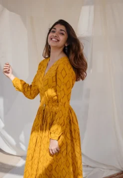 Kimaya Yellow Wrap Around Slub Cotton Dress