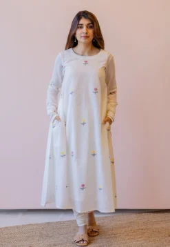 Kiran Off White Jamdani Handspun Handwoven Cotton A Line Kurta