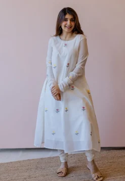 Kiran Off White Jamdani Handspun Handwoven Cotton A Line Kurta