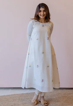 Kiran Off White Jamdani Handspun Handwoven Cotton A Line Kurta