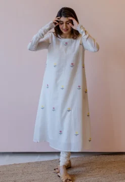 Kiran Off White Jamdani Handspun Handwoven Cotton A Line Kurta