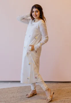 Kiran Off White Jamdani Handspun Handwoven Cotton A Line Kurta