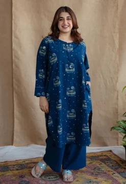 Kochi Indigo Ajrakh Cotton Straight Kurta with Hand Embroidery