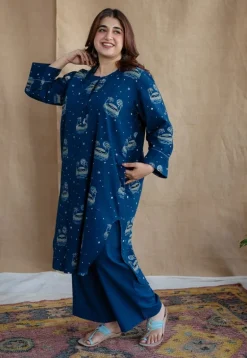 Kochi Indigo Ajrakh Cotton Straight Kurta with Hand Embroidery