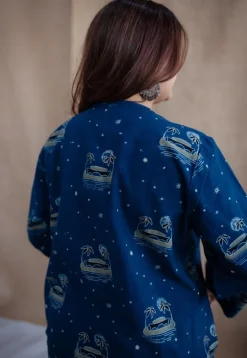 Kochi Indigo Ajrakh Cotton Straight Kurta with Hand Embroidery