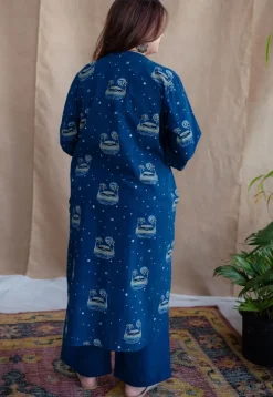 Kochi Indigo Ajrakh Cotton Straight Kurta with Hand Embroidery