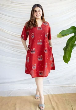Kochi Madder Ajrakh Cotton A Line Dress