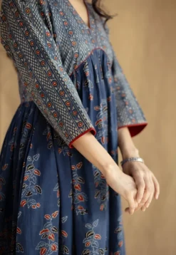 Kriti Indigo Ajrakh Cotton A Line Kurta with Hand Embroidery
