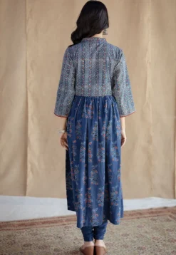 Kriti Indigo Ajrakh Cotton A Line Kurta with Hand Embroidery