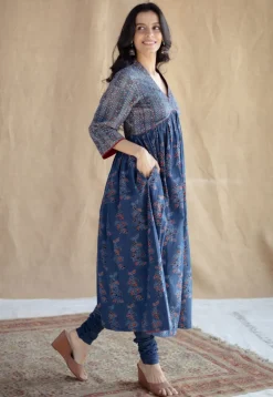 Kriti Indigo Ajrakh Cotton A Line Kurta with Hand Embroidery