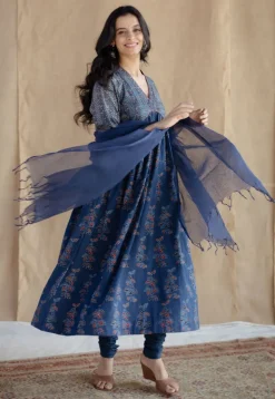 Kriti Indigo Ajrakh Cotton A Line Kurta with Hand Embroidery
