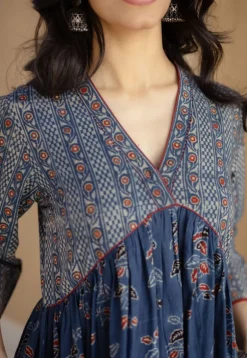 Kriti Indigo Ajrakh Cotton A Line Kurta with Hand Embroidery