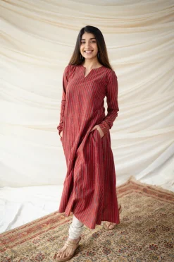 Leena Red Stripe Ajrakh Cotton Kali Kurta