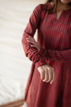Leena Red Stripe Ajrakh Cotton Kali Kurta
