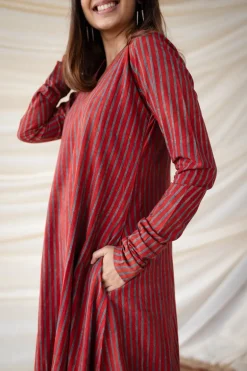 Leena Red Stripe Ajrakh Cotton Kali Kurta