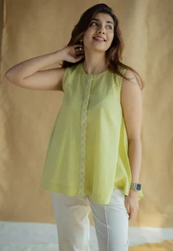 Lina Light Green Solid Slub Cotton A Line Short Top with Hand Embroidery