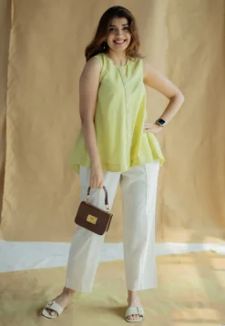 Lina Light Green Solid Slub Cotton A Line Short Top with Hand Embroidery