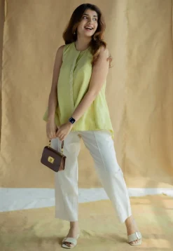 Lina Light Green Solid Slub Cotton A Line Short Top with Hand Embroidery
