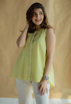 Lina Light Green Solid Slub Cotton A Line Short Top with Hand Embroidery