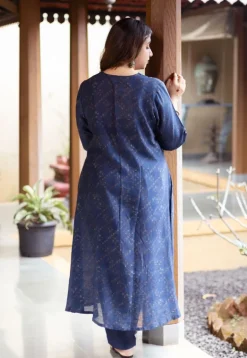 Liyana Dark Indigo Ajrakh Chanderi Silk A Line Kurta with Hand Embroidery