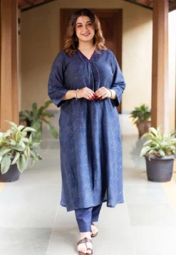 Liyana Dark Indigo Ajrakh Chanderi Silk A Line Kurta with Hand Embroidery