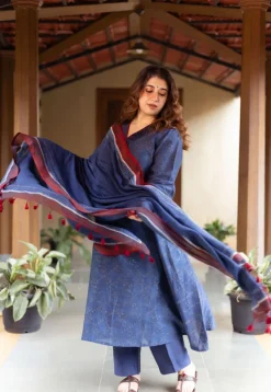 Liyana Dark Indigo Ajrakh Chanderi Silk A Line Kurta with Hand Embroidery