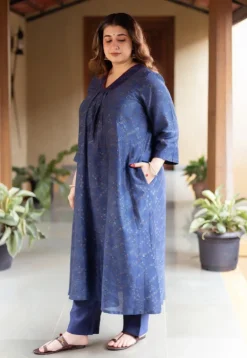 Liyana Dark Indigo Ajrakh Chanderi Silk A Line Kurta with Hand Embroidery